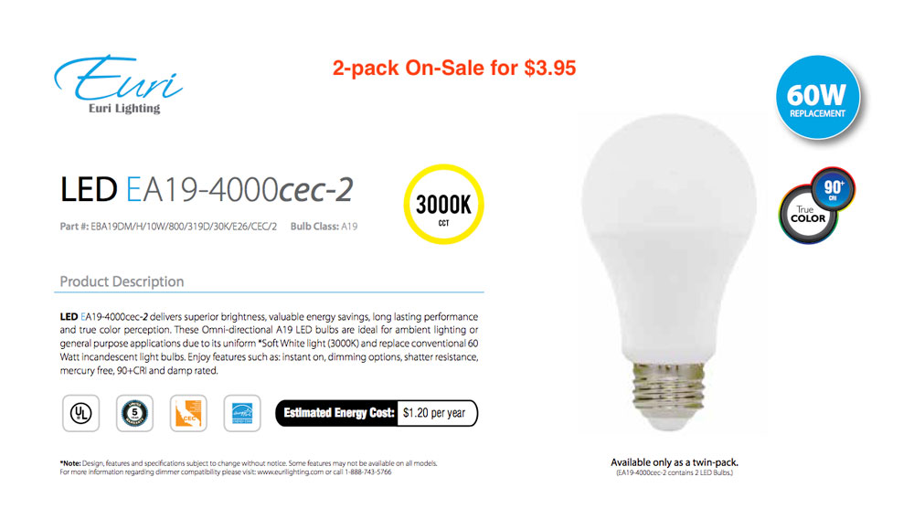 LED A19 Two Pack – $3.95